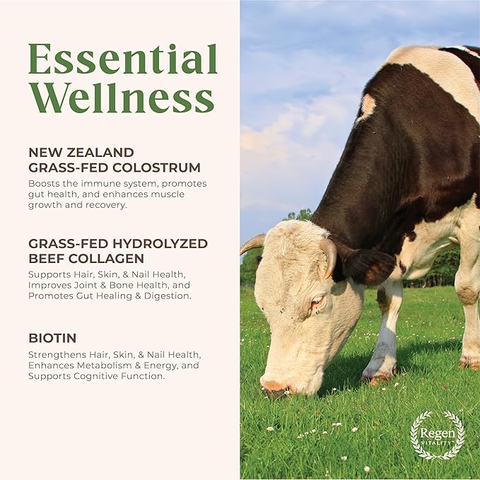 Grass-Fed Colostrum &amp Collagen Powder | Gut Health Hair Skin &amp Joint Support | New Zealand Bovine Colostrum Hydrolyzed Collagen Peptides 300mcg Biotin | Vanilla Bean | 28 Servings