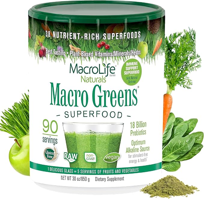 MacroLife Macro Greens Powder 38 Superfood Probiotics Antioxidants Digestive Enzymes &amp Adaptogen Supplement - Daily Super Green Juice &amp Smoothie Mix - Non-GMO Vegan Gluten-Free - 30 oz (90 Ser