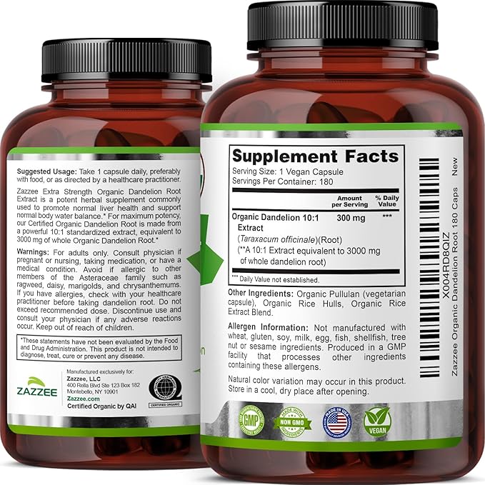 Zazzee USDA Organic Dandelion Root 10:1 Extract 180 Capsules 6 Month Supply Liver &amp Detox Support Taraxacum Officinale Organic Herbal Supplement All-Natural Non-GMO Made in the USA