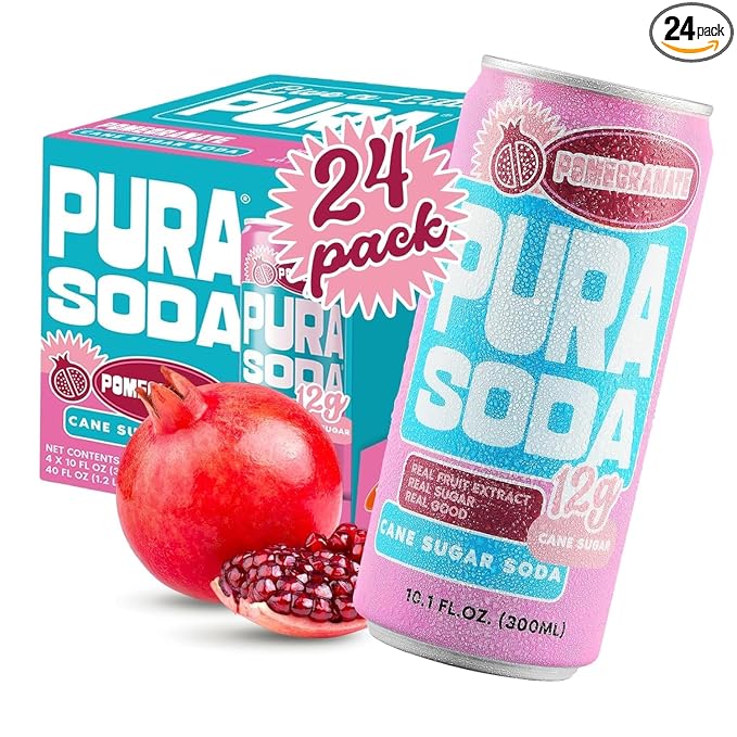 PuraSoda® Pomegranate | 65 Calories &amp 12g Pure Cane Sugar per Can | Non-GMO Vegan | Made with Pure Cane Sugar Clean &amp Refreshing | 10 fl oz (300ml) Cans Pack of 24