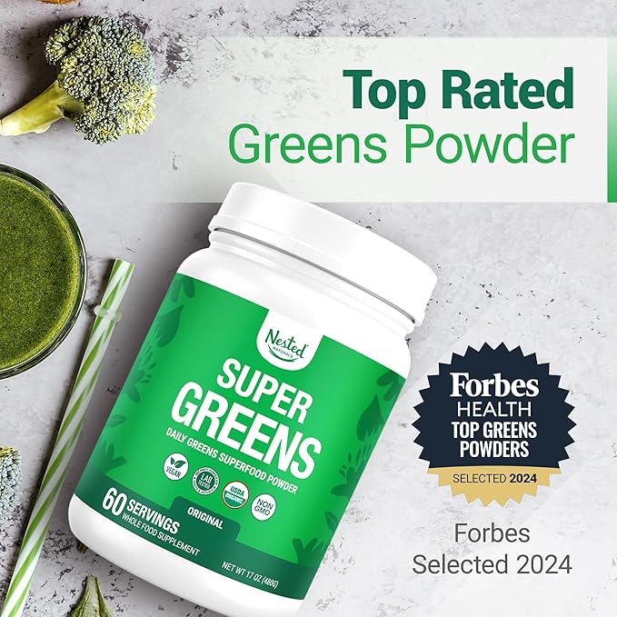 Nested Naturals Super Greens Daily Superfood Powder - Certified USDA Organic Green Powder w/20+ Whole Foods Spirulina Powder Wheat &amp Barley Grass - Probiotics Fiber &amp Enzymes - Original Fla