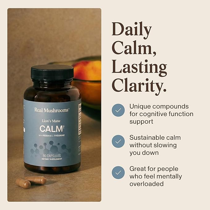 Real Mushrooms Lion’s Mane Calm Capsules (90 Count) – Organic Lions Mane Fruiting Body Extracts 200mg Organic Reishi 200mg AlphaWave L-Theanine for Calm Clarity &amp Relaxed Alertness 90ct