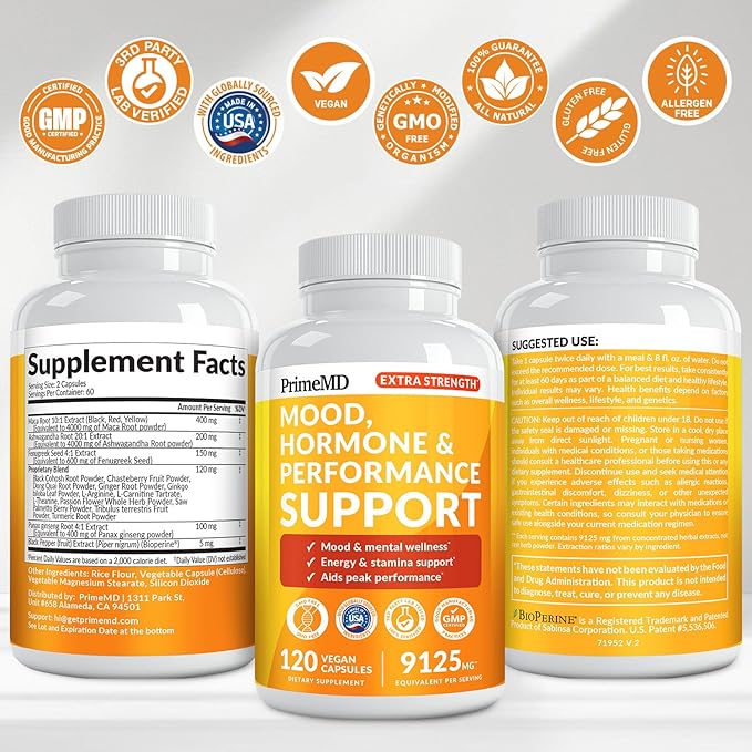 19-in-1 Extra Strength Peruvian Maca Root Capsules - 9125 mg Ashwagandha Supplements with Fenugreek and Ginseng for Mood Hormone and Performance Support (120 ct)