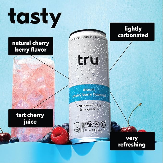 Tru Dream Seltzer Cherry Berry Sparkling Water with Chamomile GABA Magnesium &amp Tart Cherry Juice Sweetened with Monk Fruit &amp Stevia Gluten Free Vegan Caffeine Free 12 FL OZ Cans 12 P