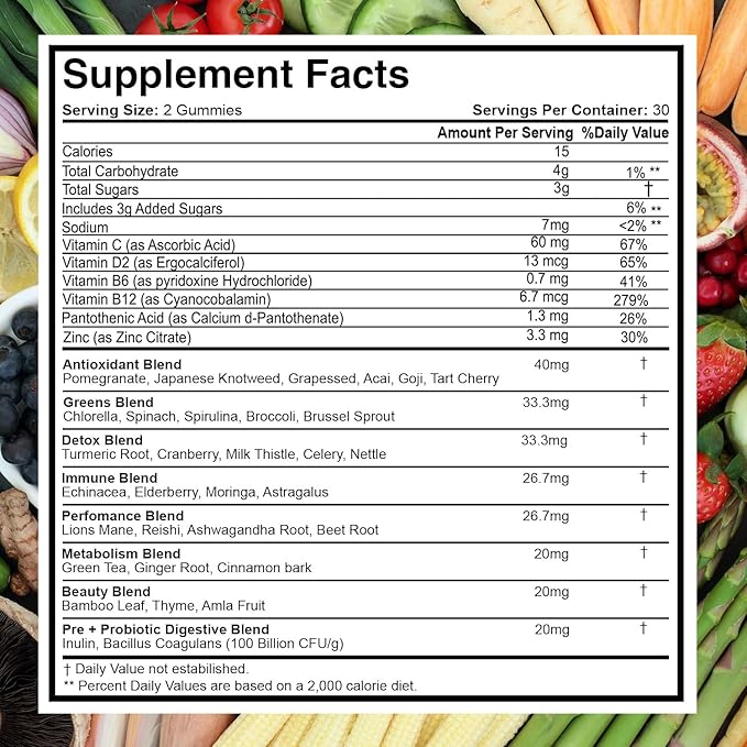 Superfood Fruits and Veggies Gummies (120 Chews) 12+ Superfruits &amp 30 Veggies Fruit &amp Herbs Fruit and Vegetable Vitamins Non-GMO Pectin-Based Gluten-Free