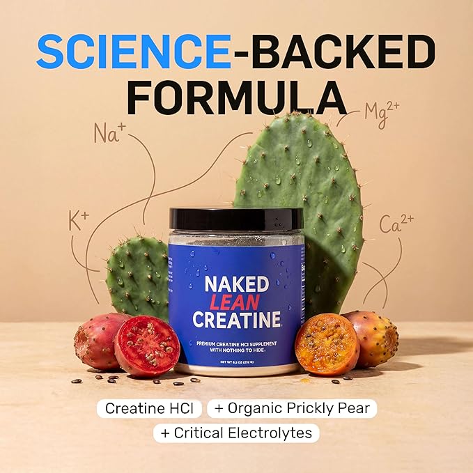 NAKED Lean Creatine HCl Powder 100 Servings - Con-Cret Creatine Hydrochloride with Organic Prickly Pear Extract Electrolytes - Muscle Growth Strength &amp Cognitive Support - Unflavored
