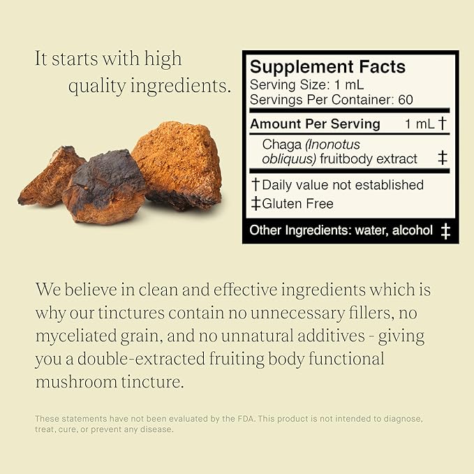 Chaga Mushroom Extract - Double Extracted Fruitbody Mushroom Tincture Antioxidants Hair Skin Nails Health (60 Servings)