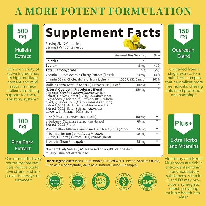 (2 Pack) 9 in 1 Mullein Gummies for Lung Cleanse &amp Lymphatic Drainage* Extra Strength Mullein Leaf Extract w/Quercetin Bromelain Elderberry &amp Marshmallow for Respiratory &amp ImmunityVega