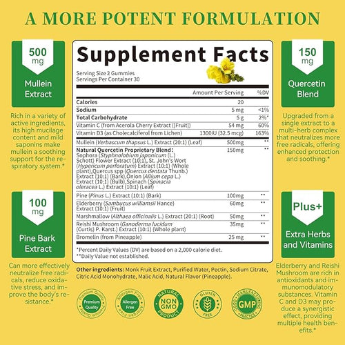 (2 Pack) 9 in 1 Mullein Gummies for Lung Cleanse &amp Lymphatic Drainage* Extra Strength Mullein Leaf Extract w/Quercetin Bromelain Elderberry &amp Marshmallow for Respiratory &amp ImmunityVega