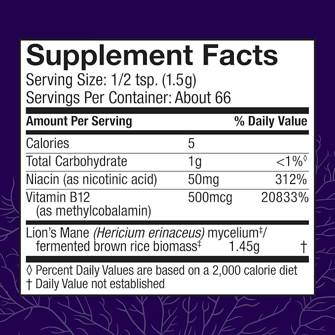 Host Defense BrainPower Stack Powder - Targeted Brain Support Supplement - Powder Mushroom Supplement with Lion's Mane Niacin (B3) &amp Vitamin B12 - Herbal Brain Support - 100g (66 Servings)*
