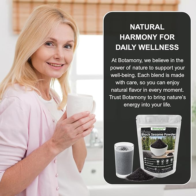 BOTAMONY Black Sesame Powder 12.3oz Vegan Gluten-Free Non-GMO Plant Protein &amp Fiber Rich Minerals Nutty Flavor Finely Ground Roasted Seeds for Smoothies Baking Recipes