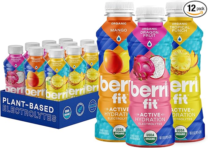 Berri Fit 3-Flavor Variety Pack | Organic Sports Drink Alternative | Natural Plant-Based Electrolytes - Certified Organic - Non-GMO - Low-Calorie Fitness Beverage - Paleo Friendly | 16oz | Pack of 12