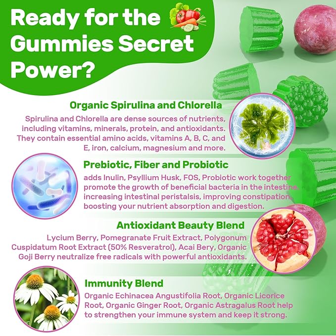 Super Greens Gummies Greens Superfood Powder Alternative w/Spirulina Chlorella Prebiotic Fiber Probiotic Fruit Veggie Daily Greens Vegetable for Digestive &amp Gut Health Immunity Focus 60 C