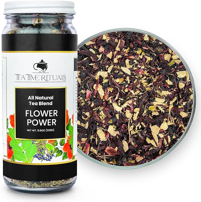 Flower Power - All Natural Loose Leaf Herbal Tea Blend (Hibiscus Flowers Moringa Leaf Elderberries Ginger) 16oz Jar