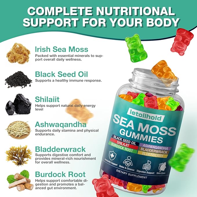 Sea Moss Gummies - Irish Sea Moss Gummies Advanced for Adults with Ashwagandha Bladderwrack &amp Burdock Root for Supports ImmuneEnergy - 60 Vegan Gummy2PCS