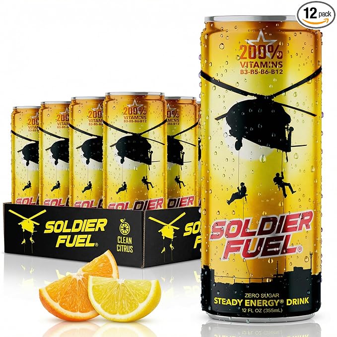 Soldier Fuel performance energy drink | Caffeine + Extra B Vitamins + Taurine + G-Tone + Inositol | Sugar Free | 12oz (pack of 12)