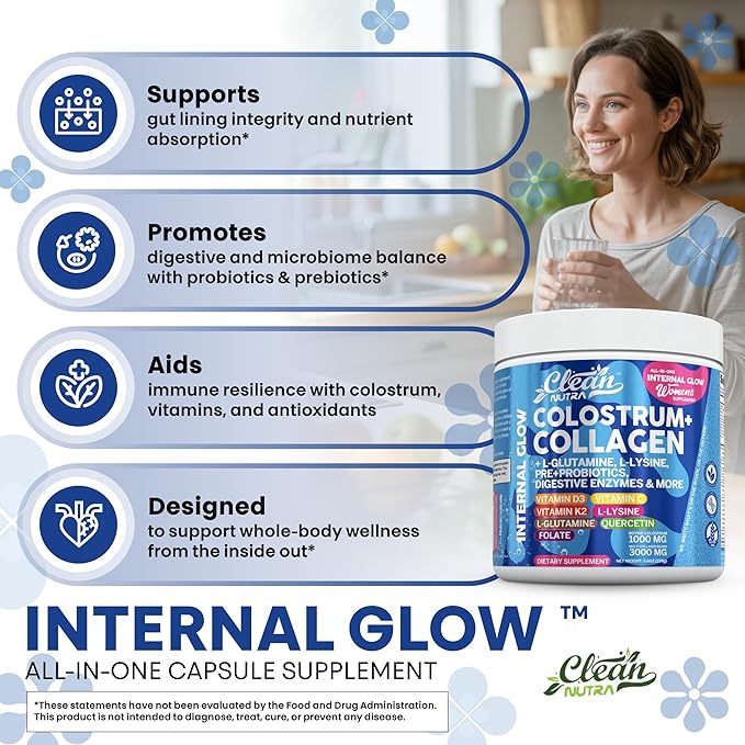 Bovine Colostrum Powder + Collagen Peptides with L-Glutamine L-Lysine Prebiotics Probiotics Digestive Enzymes Vitamin D K2 C Quercetin &amp Folate | Gut Health Supplement Internal Glow by Clean Nutra