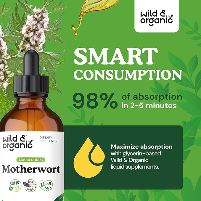 Wild &amp Organic Motherwort Tincture - Good Mood Calmness Overall Support - Supplements for Women with Motherwort Herb - Vegan Sugar &amp Alcohol-Free Extract Drops - 4 fl oz
