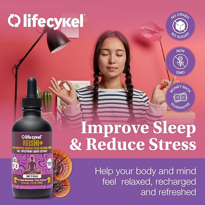 Life Cykel - Reishi Mushroom Extract w/Kakadu Plum- Adaptogen for Sleep Help Relaxation &amp Cellular Support- 100% Organic Mushrooms Antioxidants Vitamin C 2oz (Packaging May Vary)