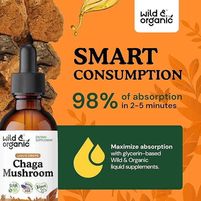 Wild &amp Organic Chaga Mushroom Tincture - Immune Support with Chaga Mushroom Extract Liquid - Immunity Drops Supplement - Vegan Sugar &amp Alcohol-Free - 2 fl oz