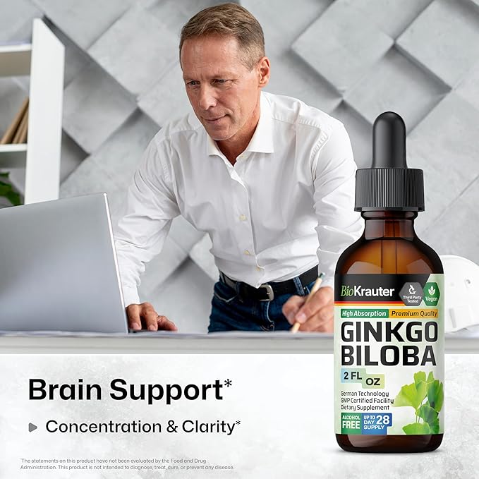 BIO KRAUTER® Ginkgo Biloba for Brain Support - Pure Vegan Ginkgo Biloba Supplement 670 mg - Supports Calm Focus &amp Memory - Alcohol &amp Sugar Free 2 Fl.Oz 28-Day Supply Liquid Drops for Brain