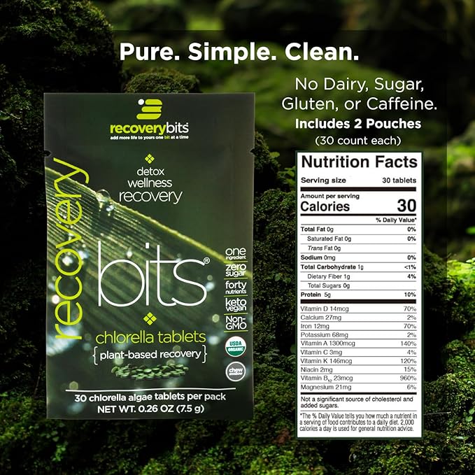 ENERGYbits/RECOVERYbits - Organic Spirulina &amp Chlorella Tablets - Single Serving Sample Packs - Algae Superfood - High Protein Chlorophyll - Self Care - Vegan Keto Gluten Free - 4 Bags 30/Bag