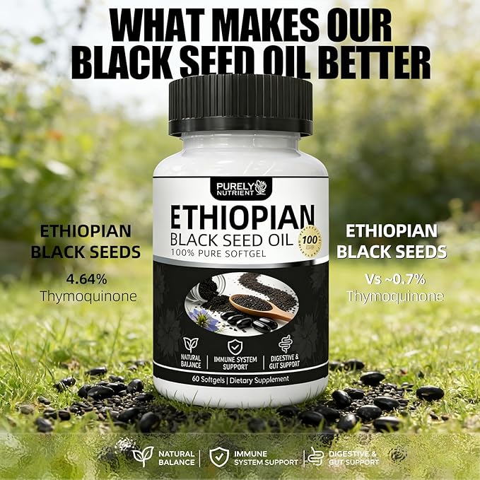 Purely Nutrient Ethiopian Black Seed Oil Ethiopian Black Seed Oil Softgels |4.64% Thymoquinone | Non-GMO Gluten-Free60 Capsules-1PCS