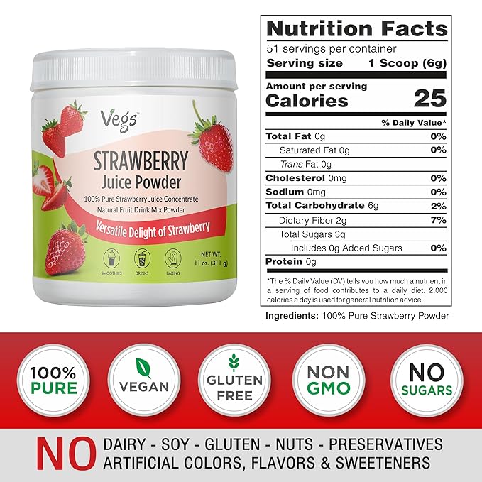 Vegs Strawberry Juice Powder - Freeze Dried Organic Strawberry Juice Instant Drink Mix Powder Baking Dessert Flavoring - Real Fruit Hydration with Electrolytes &amp Antioxidants Sugar Free - 11 oz