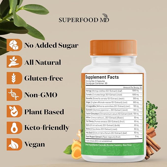 Turmeric Moringa 50000mg Supplement | Ginger Boswellia 3000mg Saffron 2000mg Holy Basil- Joint Support Supplement for Women and Men with Ceylon Cinnamon Quercetin Tart Cherry- 360 Count