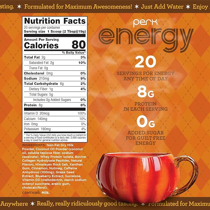 Perk Energy Drink Mix (Pumpkin Butter Pecan) 20 Servings - Caffeinated Healthy Coffee Alternative with Protein 100mg of Caffeine Gluten-Free Soy-Free Peanut-Free