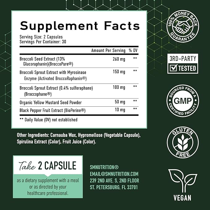 50MG Sulforaphane Supplement from Broccoli Sprouts | NRF2 Activation Cellular Health &amp Immune Support | Glucoraphanin Myrosinase &amp Antioxidants | Third-Party Tested | 60 Broccoli Seed Microb