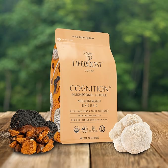 Lifeboost Cognition Adaptogenic Mushroom Coffee - Great Tasting Organic Lions Mane &amp Chaga Medium Roast Nootropic Coffee - Increase Energy Boost Focus &amp Immune Support - 12 oz Bag - Ground