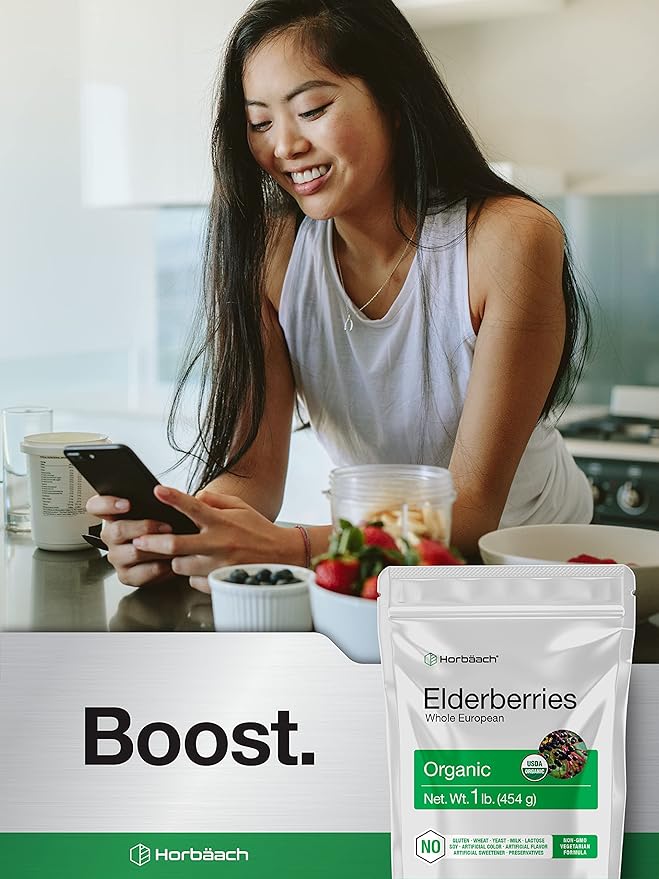 Horbäach Elderberries Dried Organic | 1 lb Bulk Bag | Whole European | Non-GMO Gluten Free | Sambucus Nigra