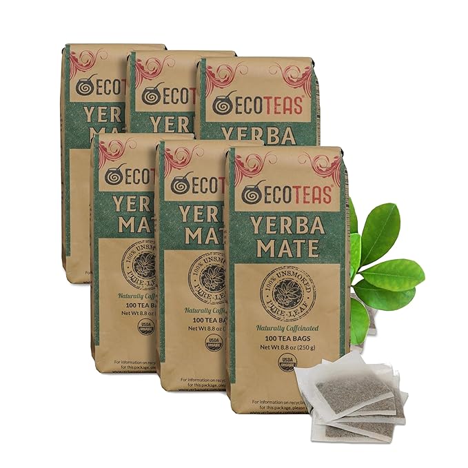 ECOTEAS Premium Unsmoked Yerba Mate Tea Bags - Detox and Hi Caf Tea - Organic - 100 Tea Bags 8.8 oz (6 pack)