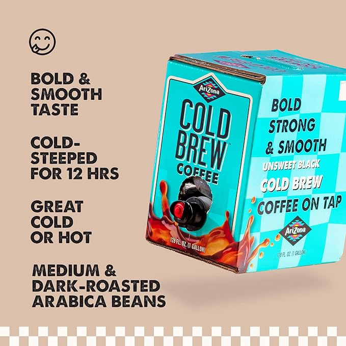 AriZona Cold Brew Coffee Iced Coffee on Tap and Ready to Drink Colombian Arabica Brew 1 Gallon per Container - 128 Fl Oz Box