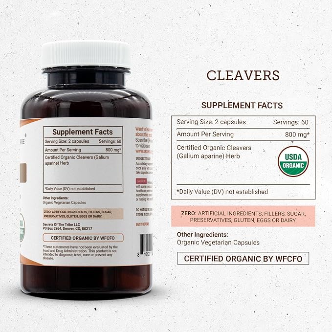 Secrets of the Tribe Cleavers USDA Organic | Made with Vegetarian Capsules and Certified Organic Cleavers (Galium aparine) Dried Herb (120 Capsules)