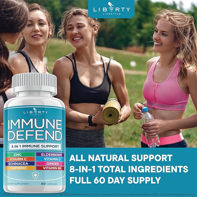 8 in 1 Immune Supplement with Echinacea Vitamin C and Zinc 50mg Vitamin D 5000 IU Turmeric Curcumin &amp Ginger B6 Elderberry 60 Capsules