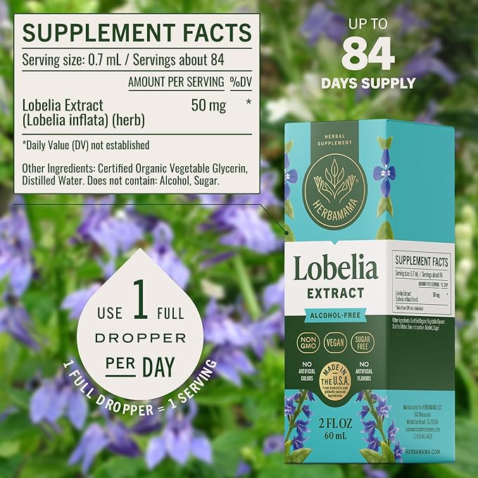 HERBAMAMA Lobelia Tincture - Vegan Lobelia Leaf Extract for Lung Detox &amp Cleanse - Respiratory Lung Support Drops - Non-GMO Alcohol &amp Sugar-Free Respiratory Support Supplement