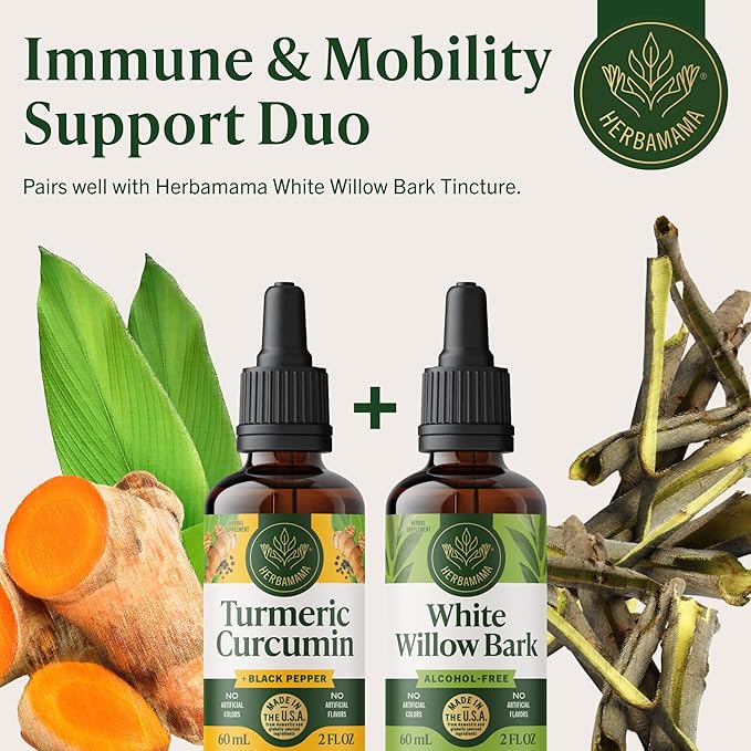 HERBAMAMA Liquid Turmeric Drops - Vegan Uric Acid &amp Digestive Support with Pure Turmeric Curcumin with Black Peppe Extract - Non-GMO Alcohol &amp Sugar-Free Antioxidant Supplement - 28-Day Suppl