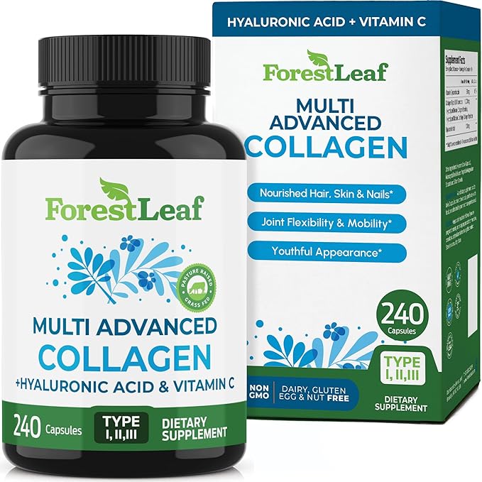 ForestLeaf Multi Collagen Pills - Collagen Men &amp Collagen Women - Hydrolyzed Collagen Supplements with Vitamin C &amp Hyaluronic Acid - Collagen Capsules for Hair Skin &amp Nails (240 Peptide C