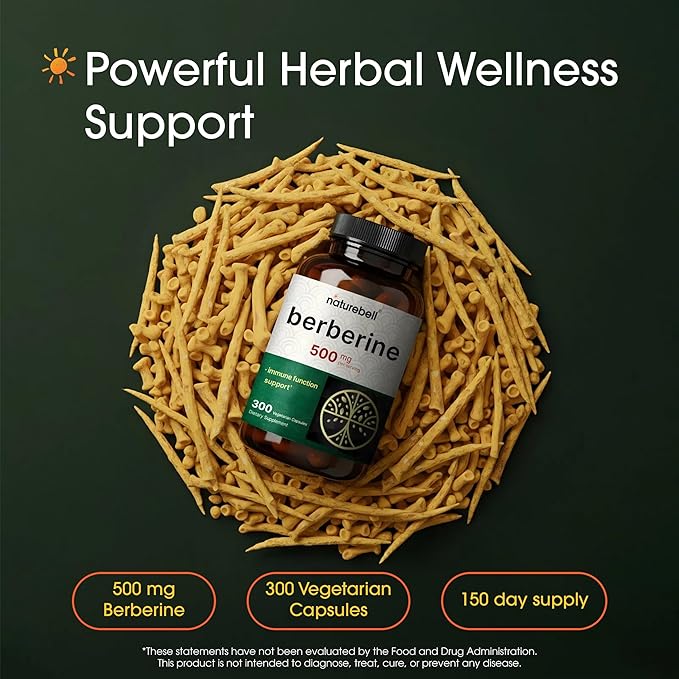 NatureBell Berberine 500mg - 300 Capsules - 97% Pure Berberine HCl - 5:1 Root Extract of Berberis Aristata - Antioxidant Alkaloid &amp Adaptogenic Support*