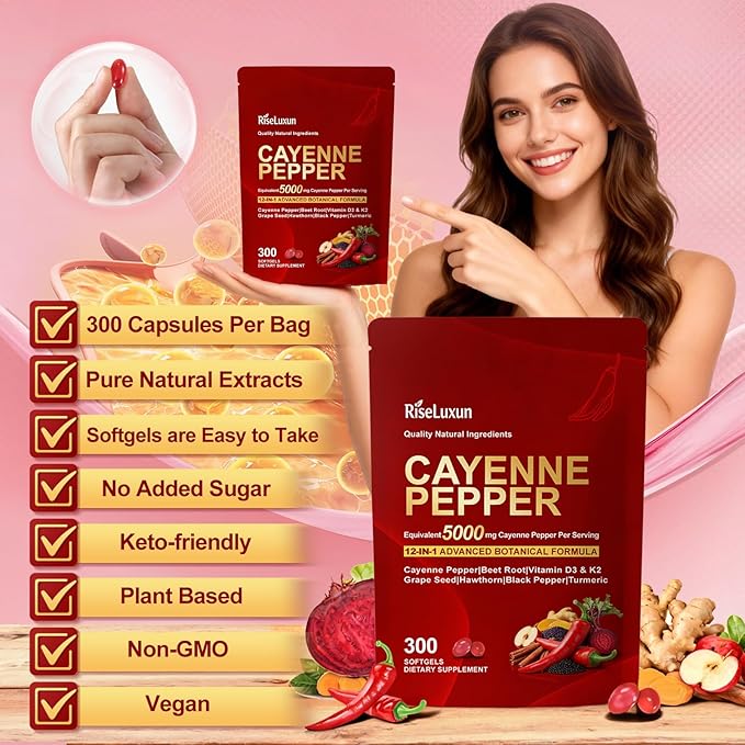 12-in-1 Cayenne Pepper Capsules Supplement* 5000mg Per Serving Containing | Vitamin D3 K2+E &amp Extracts of Grape Seed Hawthorn Beetroot Berberine Other Extracts