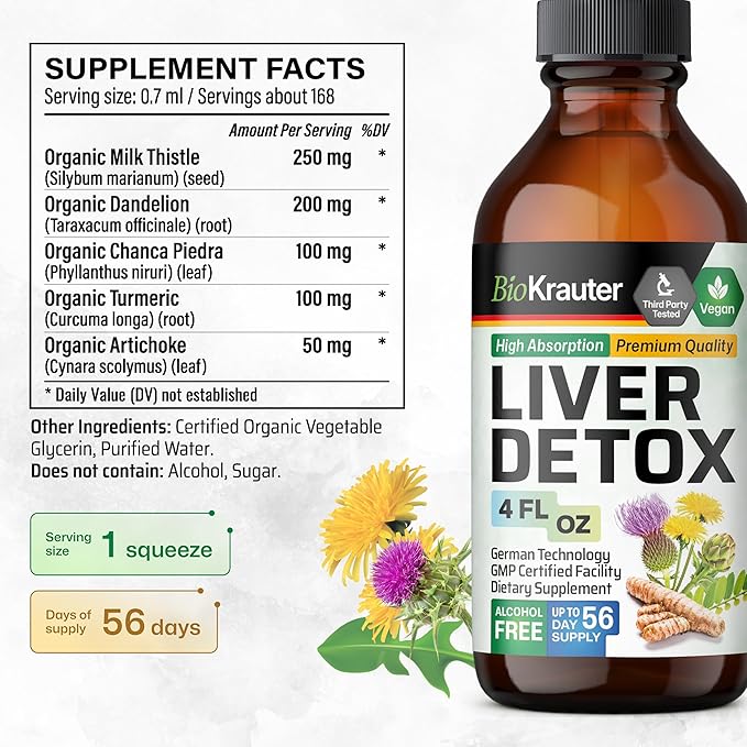 BIO KRAUTER® Liver Cleanse Detox &amp Repair* - Vegan Liquid Liver Support with Milk Thistle Chanca Piedra Turmeric Dandelion Root &amp Artichoke 700 mg - 4 Fl.Oz 56-Day of Supply - Alcohol &amp