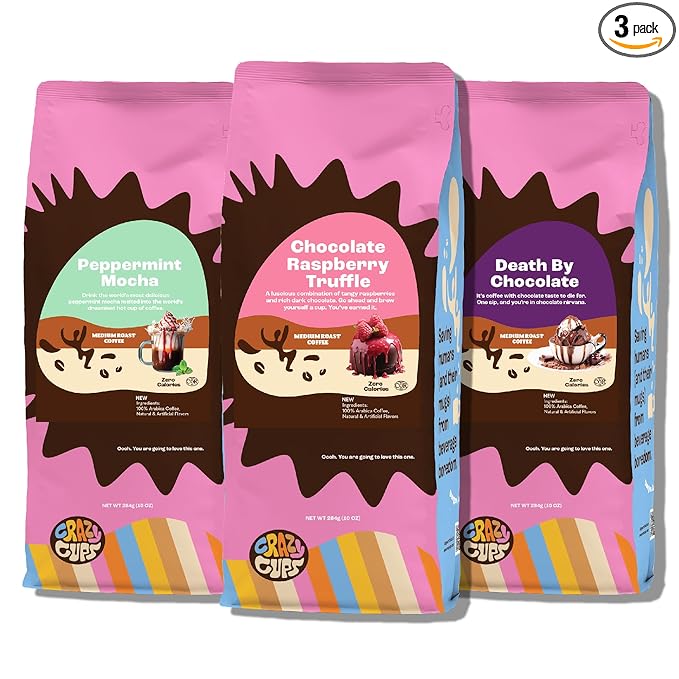 Crazy Cups Chocolate Lovers Ground Coffee Variety Pack 3 Flavors: Death By Chocolate Peppermint Mocha Raspberry - 10 oz Bags Pack of 3