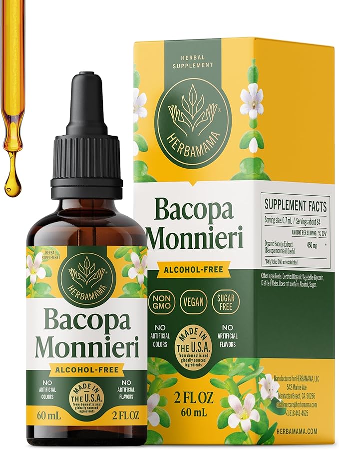 HERBAMAMA Bacopa Monnieri Supplement - Vegan Brain Focus and Clarity Support with Bacopa Extract Tincture - Non-GMO Alcohol &amp Sugar-Free Brahmi Herb Drops 84-Day Supply