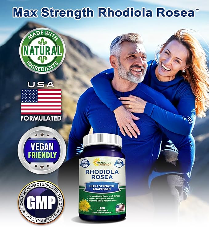aSquared Nutrition Rhodiola Rosea Supplement 1000mg - 180 Vegan Capsules - Max Strength Rhodiola Root Extract Pills Improve Pure Energy Brain Function &amp Stress Relief -Golden Root Herb Powder Tab