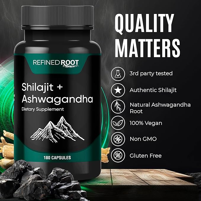 Shilajit for Men 1000mg &amp Ashwagandha Supplements 500mg (180 Capsules) - (20% Fulvic Acid Supplement) - Shilajit for Women