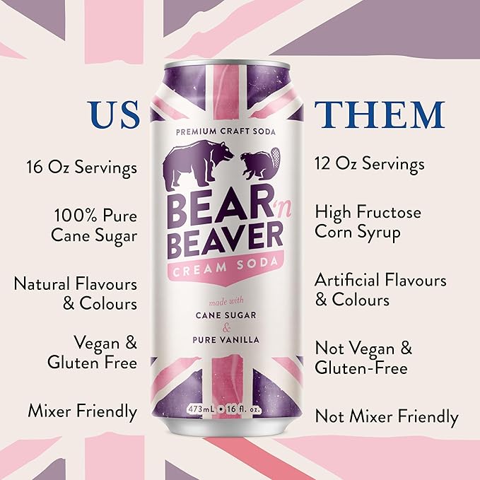 Bear 'n Beaver Premium Craft Cream Soda Soft Drinks Made with 100% Cane Sugar &amp Pure Vanilla - Vegan &amp Gluten-Free - Bold Caffeine Free Flavor for Mocktails Floats &amp Mixing - 12 Pack of 1