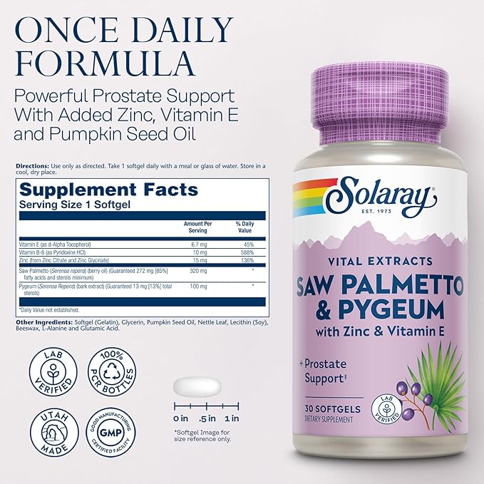 SOLARAY Saw Palmetto and Pygeum - Saw Palmetto for Men w/Pygeum Bark Zinc Vitamin E Pumpkin Seed Oil - Prostate Supplements for Men w/Beta Sitosterol - 60-Day Guarantee - 30 Servings 30 Softgels