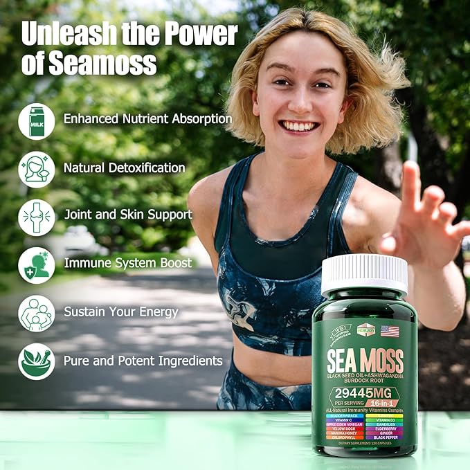 Sea Moss 12000mg Black Seed Oil 6000mg Ashwagandha 3000mg Turmeric 1000mg Bladderwrack 2000mg Burdock 3000mg &amp Vitamin C &amp D3 with Elderberry Manuka Dandelion Yellow Dock Iodine Chlorophyll AC